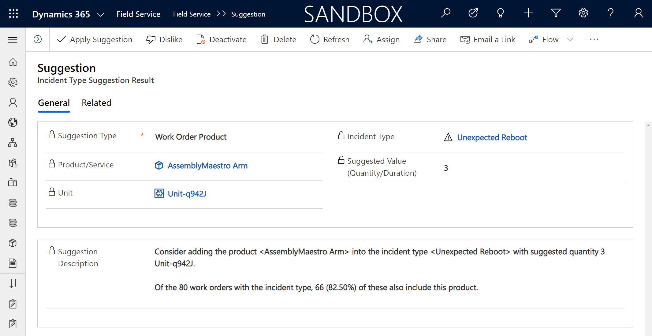 Dynamics 365 Field Service incident type suggestion showing evidence for a product recommendation
